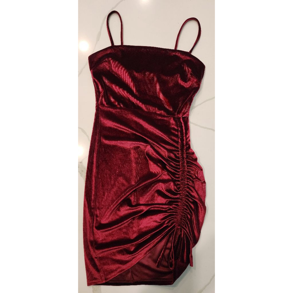 Windsor Burgundy Velvet Mini Dress Ruched Side Drawstring Spaghetti Straps Small - Picture 6 of 11